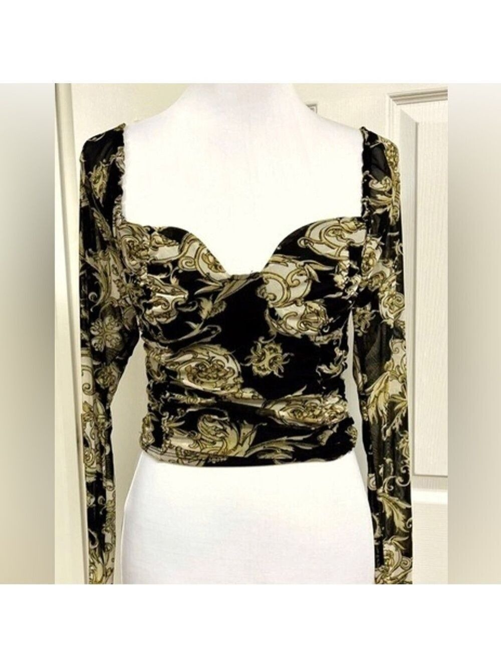 Princess Polly Versace pattern corset crop sheer long sleeve top small
